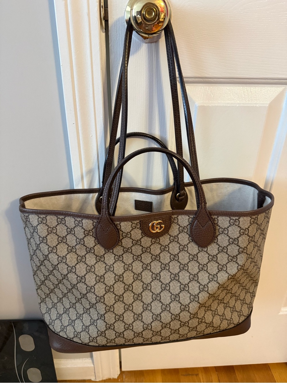 Gucci Brown GG Supreme Canvas Tote with Gold Hardware